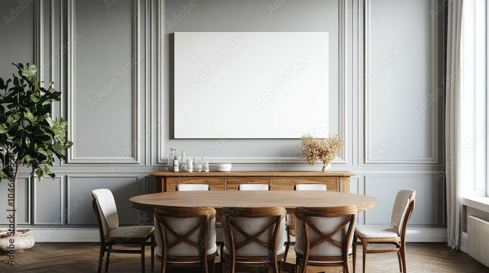Fototapeta premium Elegant dining room with a blank canvas above the sideboard