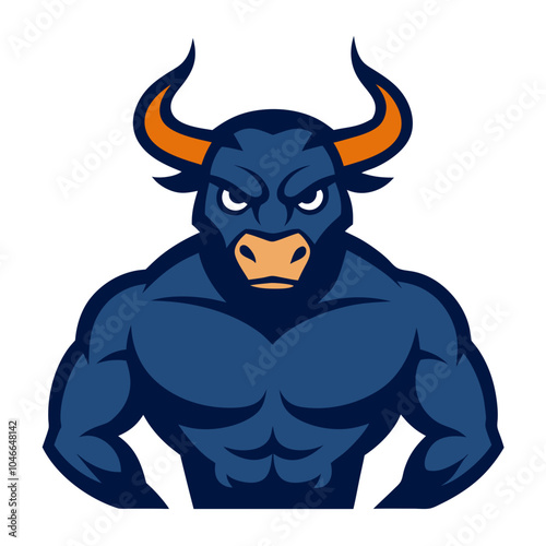 Bull mascot logo, muscular with horns forward