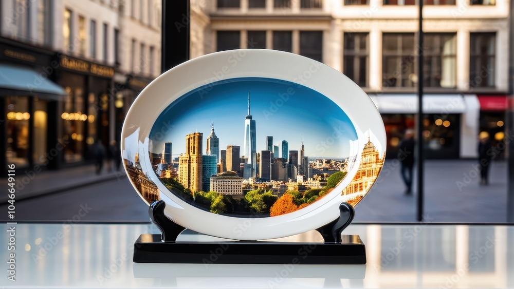 Fototapeta premium Souvenir plate featuring a vibrant city skyline, perfect as a decorative keepsake from urban travels and iconic landmarks.