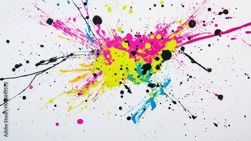 Abstract splatters of neon paint on a white background
