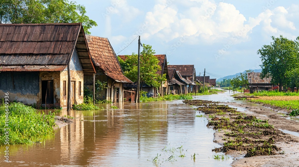 A serene landscape shows homes partially submerged in floodwaters, with lush greenery and clear skies in the background, highlighting nature's power and tranquility. A serene landscape shows homes partially submerged in floodwaters, with lush greenery and clear skies in the background, highlighting nature's power and tranquility.