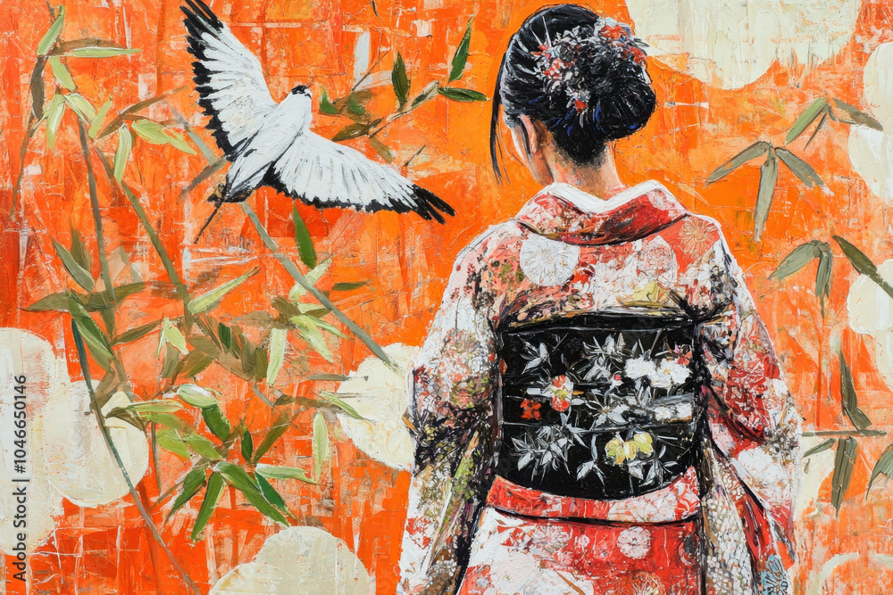 Naklejka premium Woman in kimono admiring flying on orange backdrop