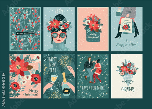 Christmas and Happy New Year illustration for cards and other use. Trendy retro style. Vector templates.