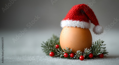 Egg with Santa hat surrounded by festive decor

