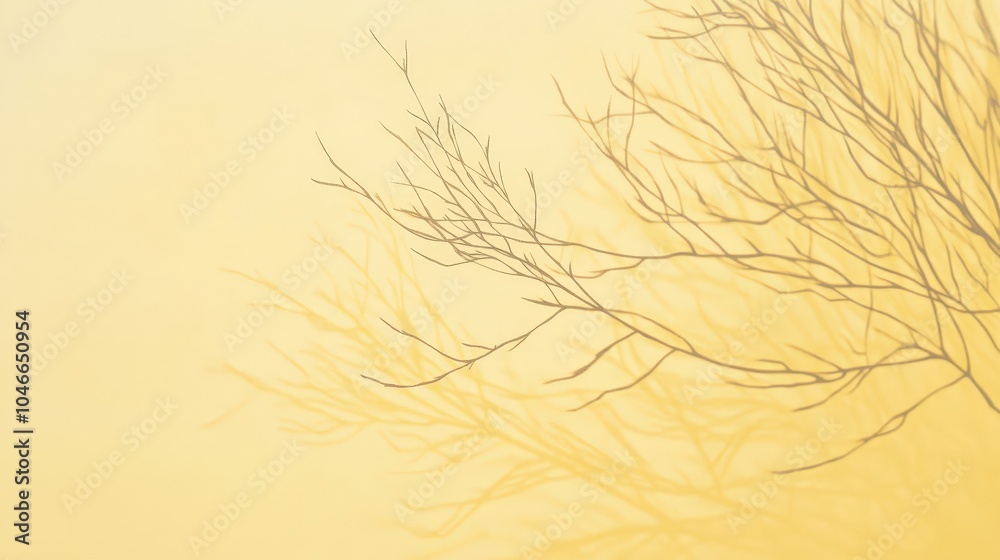 Fototapeta premium Serene nature: leafless branches silhouetted against a pale yellow background for tranquil design.