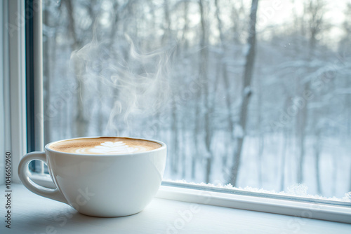 Cup of hot morning coffee on windowsill of cottage. Mug of cappuccino with cosy knitted blanket by window. Winter frosty snowy forest landscape. Concept home warmth and comfort copy space photo