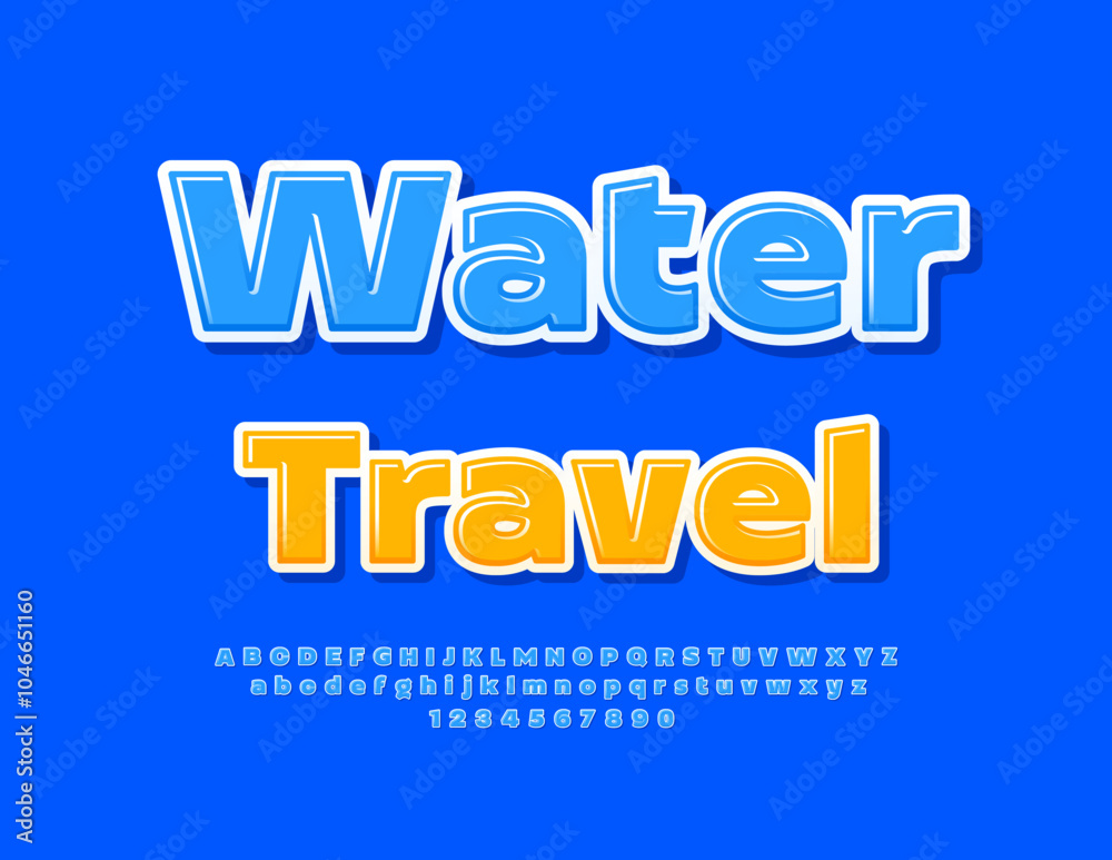 Vector creative Emblem Water Travel. Blue Glossy Font. Artistic Alphabet Letters and Numbers set. Vector creative Emblem Water Travel. Blue Glossy Font. Artistic Alphabet Letters and Numbers set.
