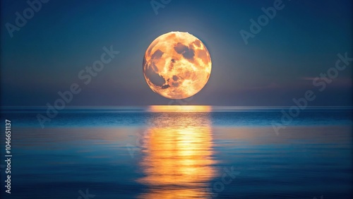 Super moon rising above Irish Sea with reflection