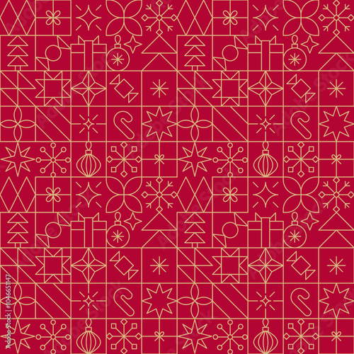 Gold line Christmas seamless pattern. Minimalist geometric festive gold red New Year holidays linear icons background.