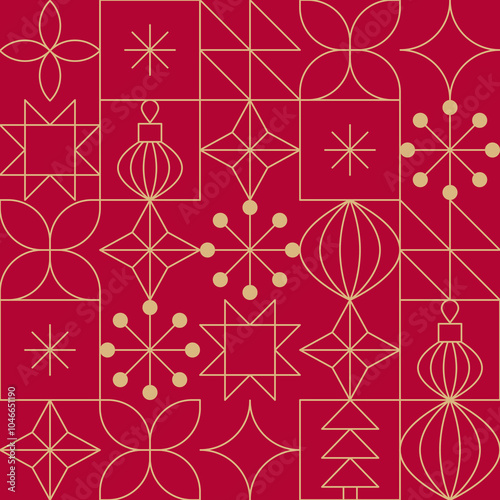 Gold line Christmas motifs seamless pattern. Mid Century modern Christmas, New Year holidays linear icons background.