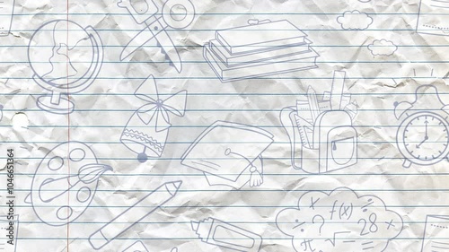 Videophone on crumpled lined paper with school supplies. Briefcase, palette, bell, cap, pencil, scissors