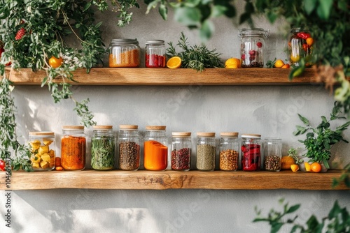 Fototapeta Naklejka Na Ścianę i Meble -  Sustainable kitchen pantry with glass jars of spices herbs