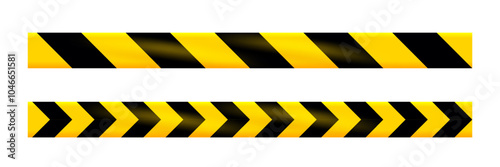 Caution warning tapes. Danger tapes with diagonal yellow-black strips for construction, crime scene or danger zone. Warning ribbons isolated on white background. Realistic vector.