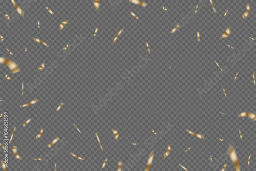 Gold confetti congratulations background. Golden ribbons and confetti party pattern on transparent background. Congratulations horizontal banner with copy space. Gift elegant vector illustration.