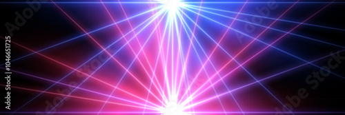 Blue-pink laser lights background. Color neon laser crossed beams isolated on black. Nightclub, disco, dance club, show, concert stage with illumination. Abstract futuristic vector illustration.