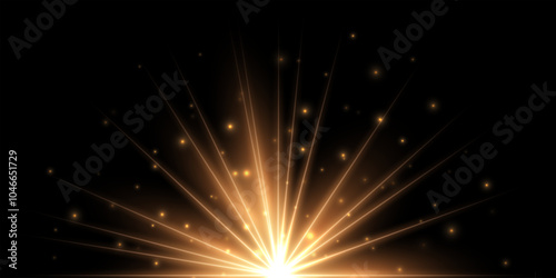 Gold light flash effect with shine glow rays on black horizontal background. Flare of light with beams in dark space. Bright spark shining vector illustration.