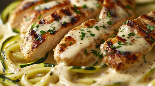 Closeup of Grilled Chicken with Zucchini Noodles and Creamy Sauce