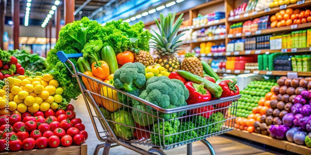 Obraz premium Shopping Cart Full of Fresh Fruits and Vegetables Including Broccoli, Healthy Eating, Organic Produce, Grocery Shopping, Nutrition, Colorful Ingredients, Farm to Table