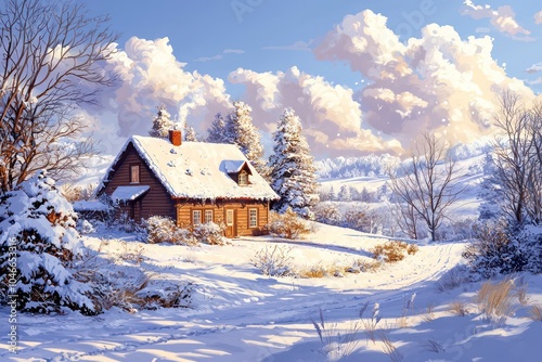 Country house amidst a snow-covered landscape during winter.