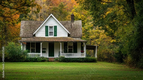 Green shutters and wrap-around porch enhance a charming country house.