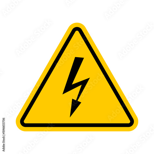 High voltage sign with lightning. Symbol of electric threat alert. Danger alert yellow triangle traffic mark vector illustration isolated on transparent.