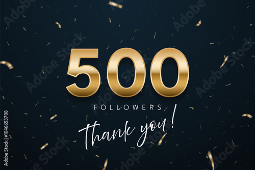 500 followers celebration banner. 3d social media achievement poster. Five hundred followers thank you lettering with golden sparkling confetti ribbons on dark blue background. Vector illustration.