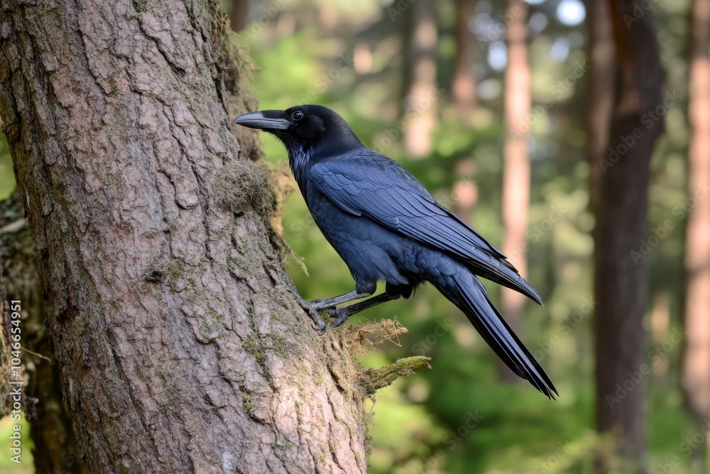Majestic black raven perched on tree in the Majestic black raven perched on tree in the