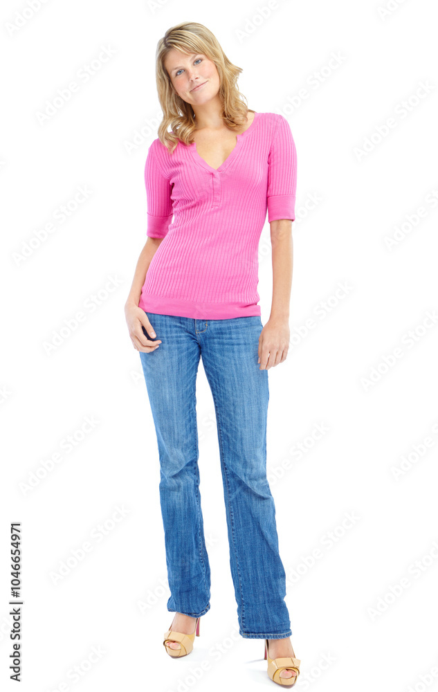Fototapeta premium Happy, style and portrait of woman in studio with casual, colorful and trendy outfit for confidence. Smile, high heels and female person from Germany with pink tshirt for fashion by white background.