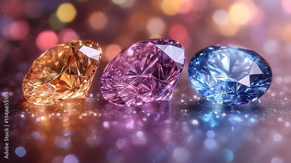 Three Shiny, Colorful Diamonds Arranged in the Same Direction on a Reflective Surface. A Photorealistic Close-Up Ideal for Luxury Themes, Jewelry Promotions, or Precious Gemstone Advertising.
Three Shiny, Colorful Diamonds Arranged in the Same Direction on a Reflective Surface. A Photorealistic Close-Up Ideal for Luxury Themes, Jewelry Promotions, or Precious Gemstone Advertising.
