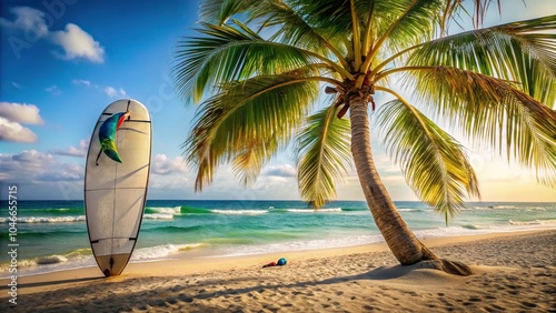 Surfboard leaning against palm tree with ocean and kitesurfers in background
