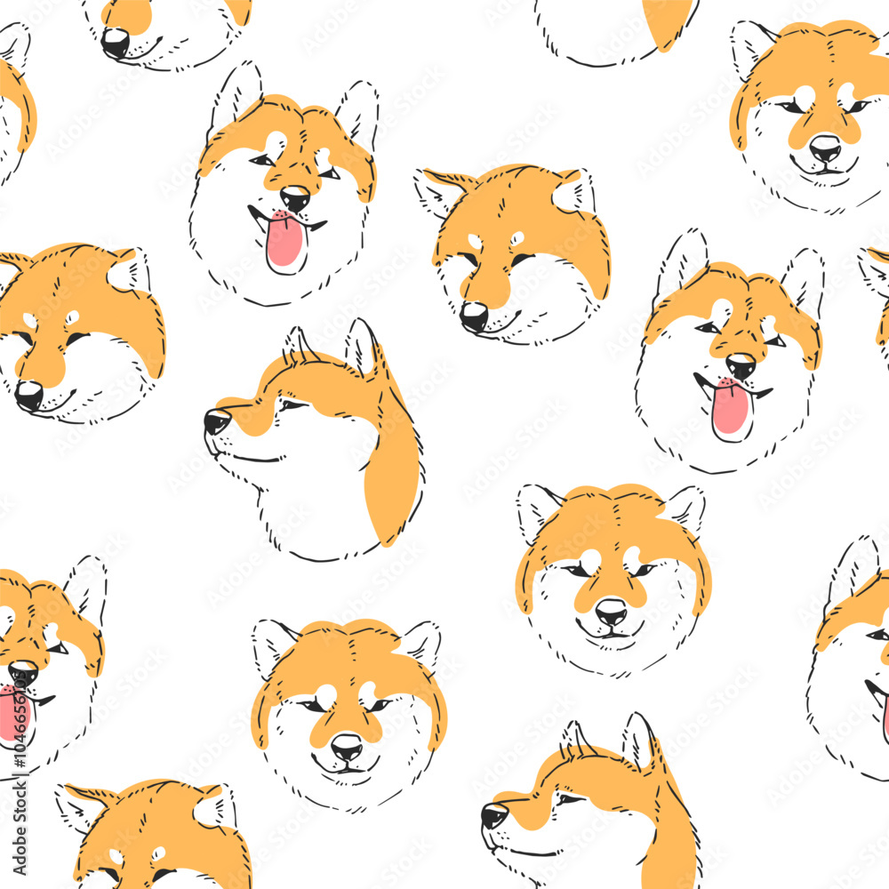 Obraz premium Vector hand-drawn seamless pattern with cute Shiba Inu isolated on a white background. Endless texture with spotted dogs in sketch style.