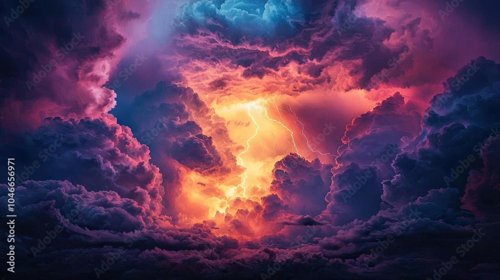 Dramatic stormy clouds illuminated by vibrant lightning and colorful sunset hues.