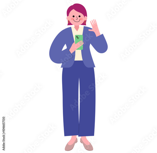 パンツスーツを着てパンプスを履いた女性がスマホでビデオ通話しながら手を振っている全身のイラスト