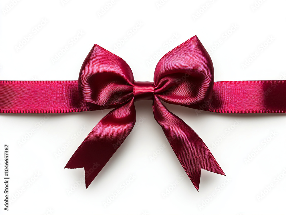 Fototapeta premium Decorative shiny atlas red ribbon with bow isolated on white background. Red band satin strip for Valentine's, birthday gift. Wrapping for Christmas party, Father's, Women's day gift. Black friday.