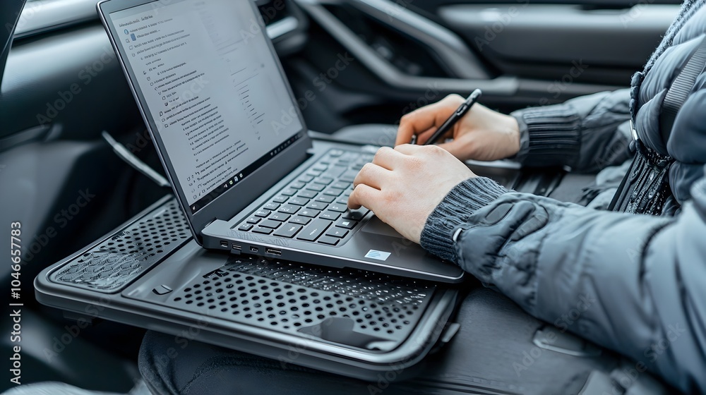 Fototapeta premium Productive and Efficient Work while Traveling with Laptop Securely Mounted on Car Tray for Multitasking and Digital Nomad Lifestyle