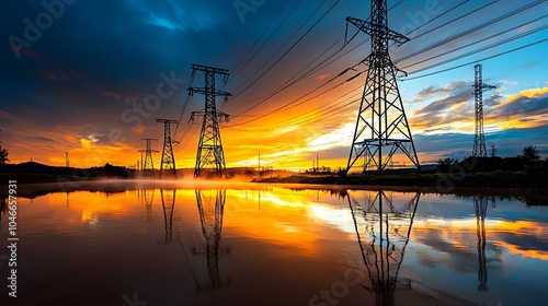 Serene Symmetry of Utility Poles Mirrored in Tranquil River at Sunrise Peaceful and Atmospheric Landscape with Reflections of Industrial Infrastructure in Calm Waterway at Dawn