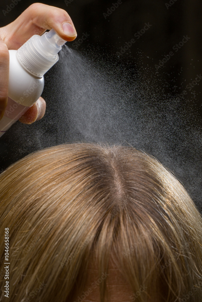 Fototapeta premium Close-up of spraying hair oil on a head of blonde woman.