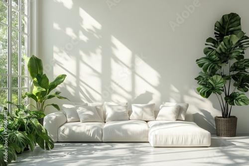 modern minimalist living room, minimalist white living room with a large couch, green plants, and soft natural light casting shadows, perfect for text addition