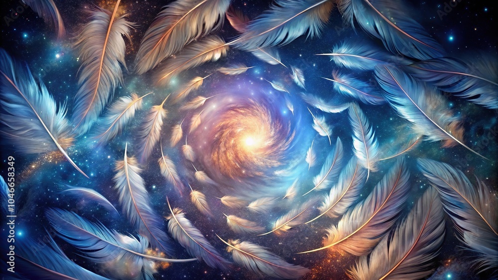 Fototapeta premium Surreal abstract image of rotating feathers bursting into starlight, hyperdetailed panoramic view