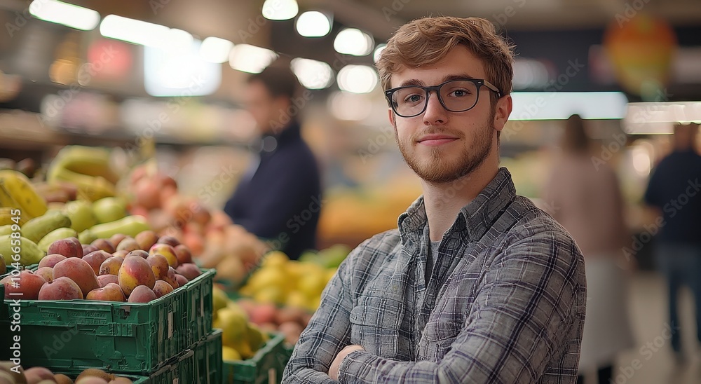 Confident young man with glasses standing in a vibrant grocery store surrounded by fresh fruits Confident young man with glasses standing in a vibrant grocery store surrounded by fresh fruits