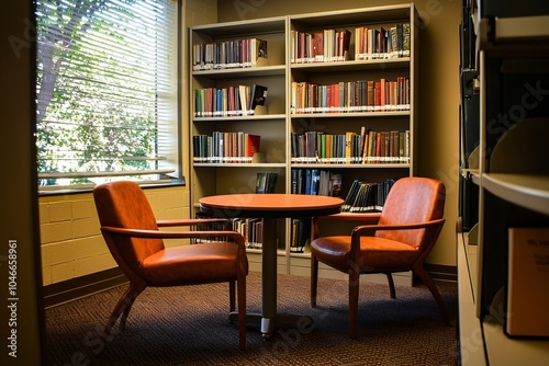 A study room with a small round table and two chairs. This setup invites group study sessions or quiet discussions