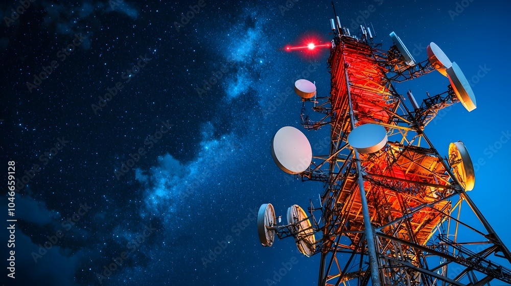Naklejka premium Telecommunications tower with blinking red aircraft warning lights standing tall in a nighttime urban cityscape