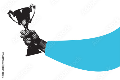 A hand holding a winning first place trophy. Grunge halftone grain design element