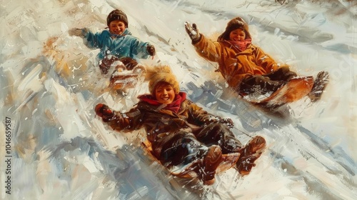 Children gleefully sledding down a snowy hill, creating joyful memories, laughter echoing in the winter air, surrounded by a picturesque winter landscape photo