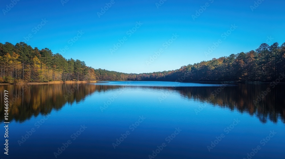 A serene lake reflecting a cloudless blue sky. A serene lake reflecting a cloudless blue sky.