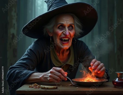 Old ugly witch making a pot...