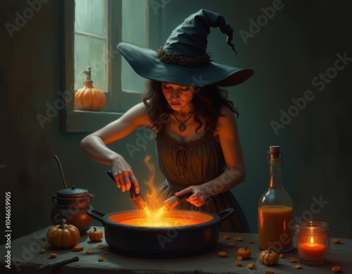 Witch making a potion. Myst...