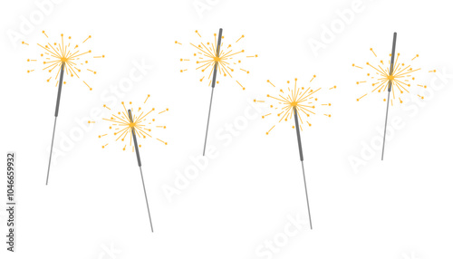 Set of burning sparklers isolated on white background. Holiday elements.