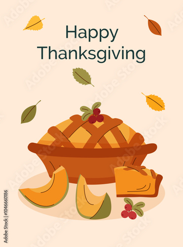 Thanksgiving and harvest concept card. Thanksgiving pie with pumpkin. Thanksgiving poster. Harvest background. photo