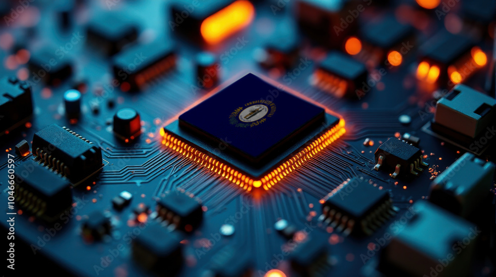 A microprocessor with the Kentucky flag is embedded on a circuit board, highlighted by glowing lights, showcasing influence in global semiconductor and computing technology. A microprocessor with the Kentucky flag is embedded on a circuit board, highlighted by glowing lights, showcasing influence in global semiconductor and computing technology.